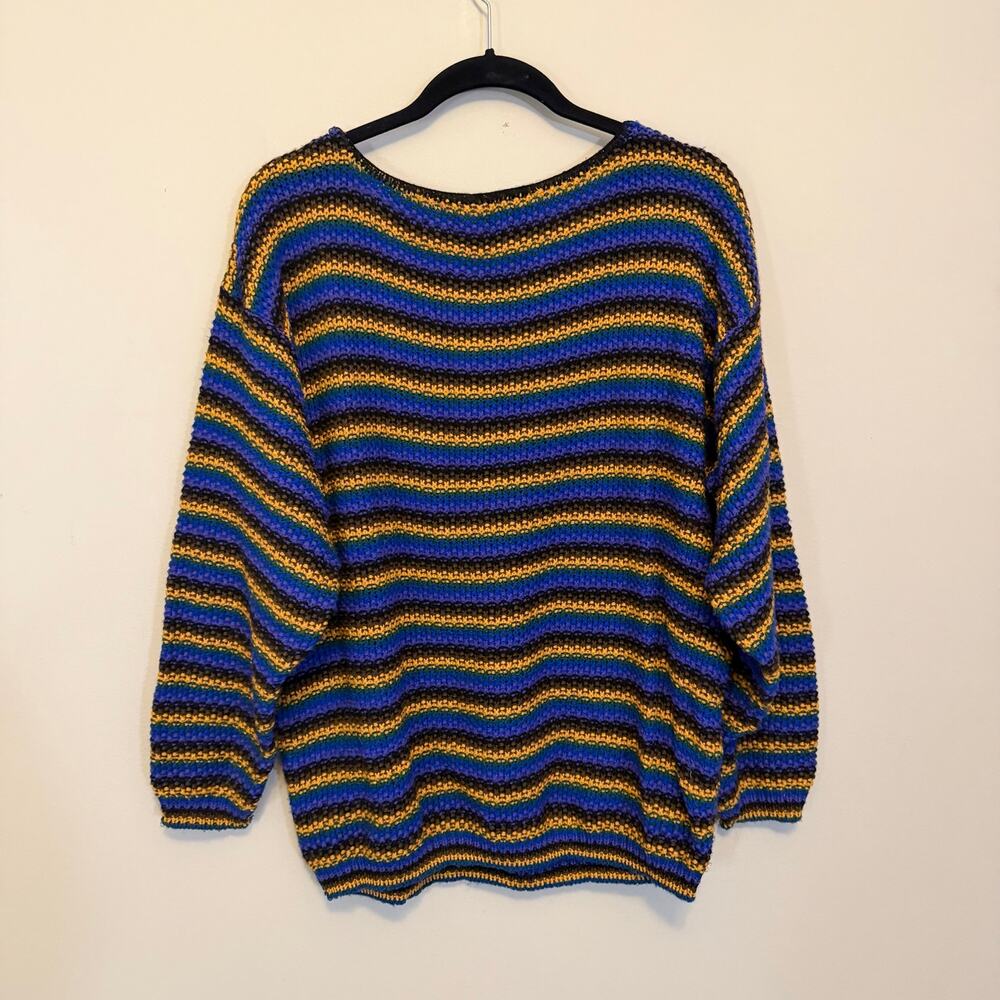 Vintage In Charge Women Sweater Size L/XL Blue Oversized Stripe Knit Retro Comfy - Picture 3 of 5